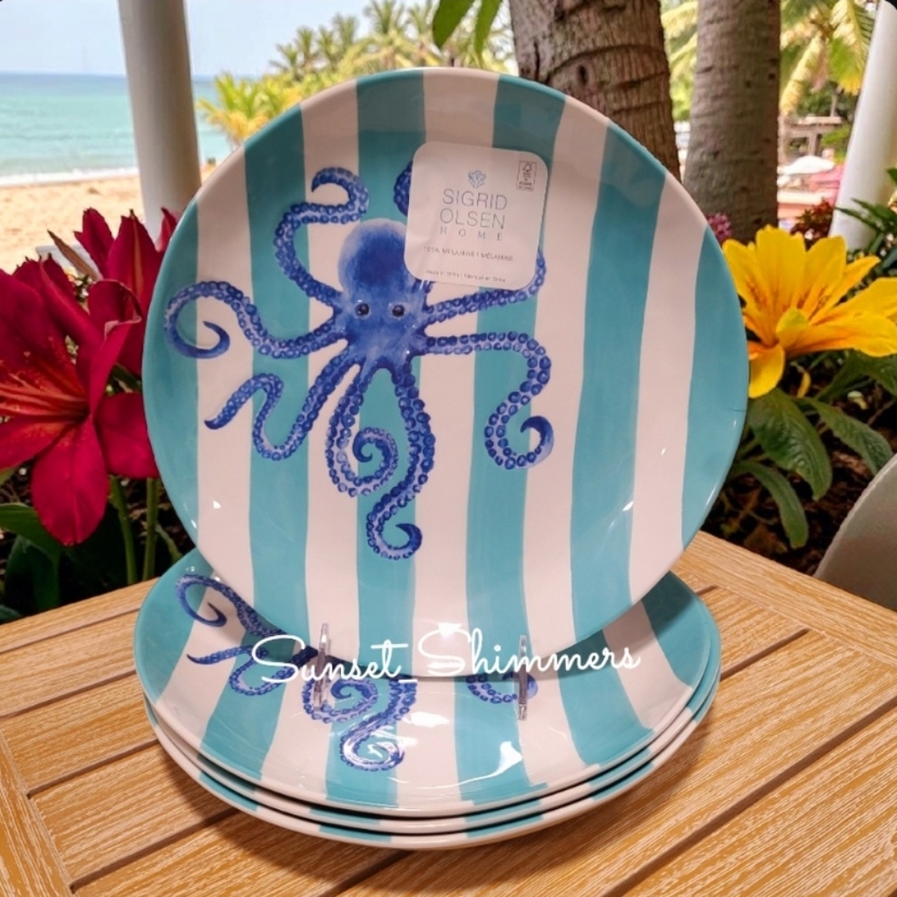 8pc Sigrid Olsen Blue Octopus Cabana Stripe Melamine Dinner Plate & Bowl Set New - Picture 5 of 10